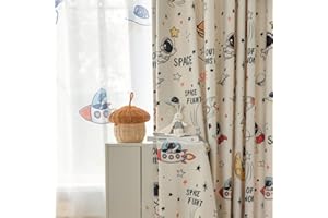 KMSG Cartoon Astronaut Semi Blackout Curtains for Kids Room Nursery Space Planets Patterns Printed Drapes for Bedroom Living Room Privacy Room Darkening Window Treatment Grommet Top 1 Panel W42 x L84 Inch