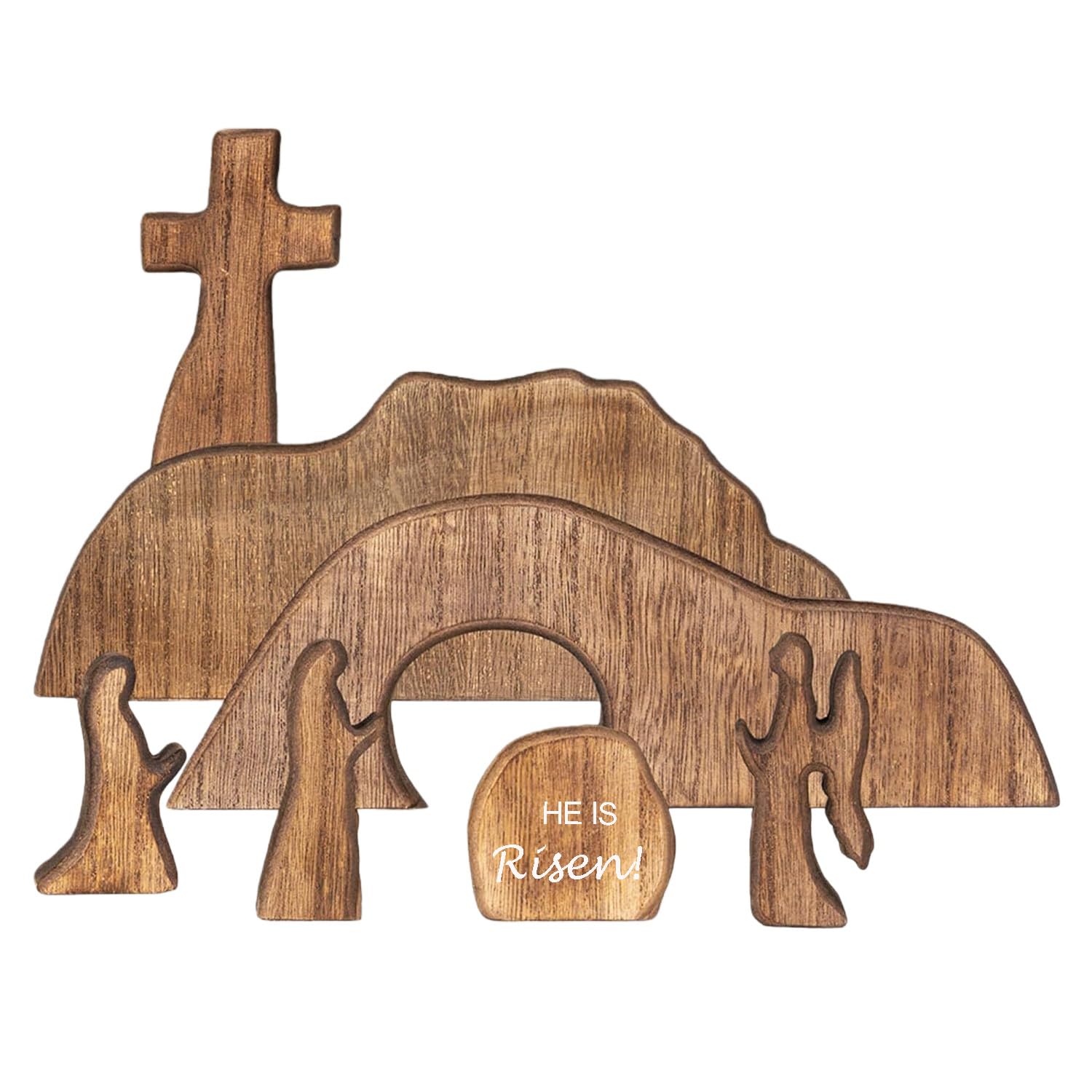 Photo 1 of ?He is Risen?Wooden Easter Resurrection Scene Cross Jesus Tomb Tray Set, Empty Tomb Easter Scene and Cross Decoration,Jesus Nativity Scene Decor for Religious Home Office Tabletop Christian Gifts (7)