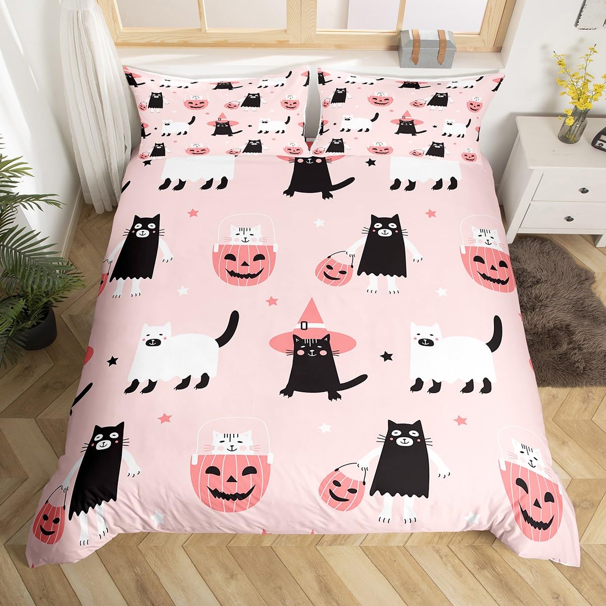 Kids Cute Ghost Cats Duvet Cover Double Happy Halloween Pumpkin Bedding Set Gifts for Girls Teen,Black White Halloween Kitten Comforter Cover Pink Halloween Bedspread Cover 2 Pillow Cases
