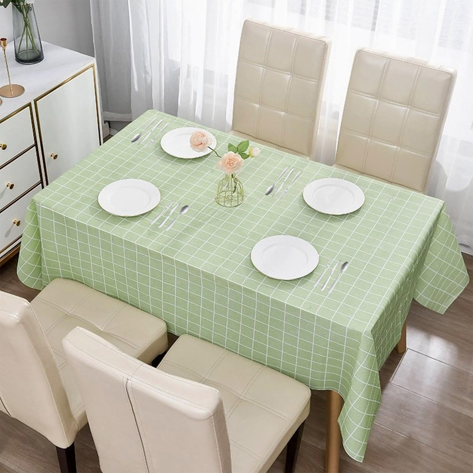 yayafunfun Plastic Tablecloth 137 * 180cm Waterproof Green Checkered Table Cloth Wipeable Plaid Table Cover Rectangular, Wipe Clean Tablecloths Oil Cloth Outdoor Indoor Tablecloth for Party,Picnic
