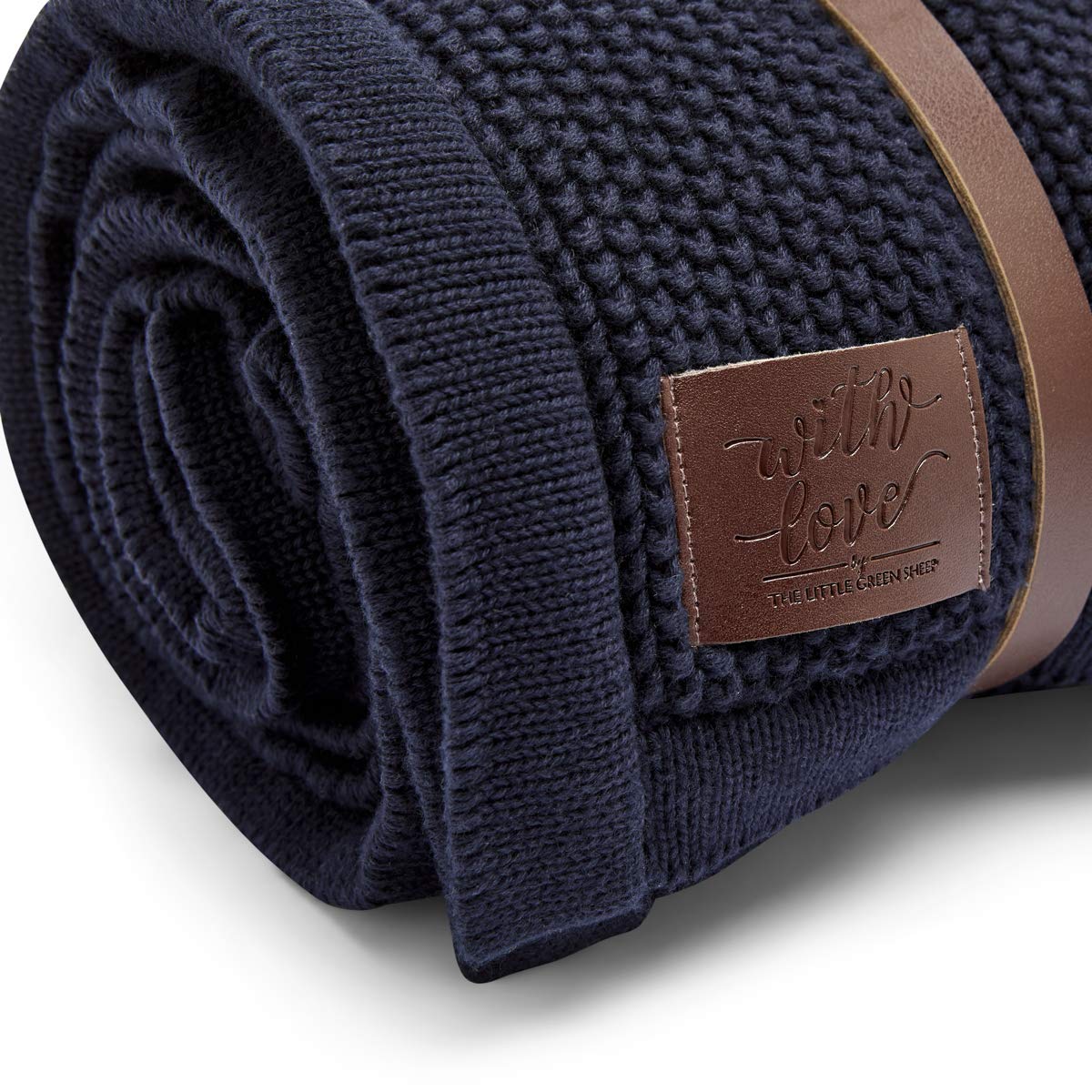 The Little Green Sheep Knitted Baby Blanket with Fleece Lining - Made with Organic Cotton - Midnight