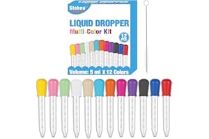 12-Piece Liquid Pipettes Droppers 5ML Set with A Clean Brush, 12 Colors Plastic Clear Pipettes for Kids with Silicone Bulb Ti