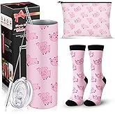Yahenda 3 Pcs Pig Lover Gifts for Girls Women, 20 oz Insulated Stainless Steel Pig Travel Tumbler Mug with Straw Brush Novelty Animal Socks Makeup Bag, Christmas Gifts for Animal Friends