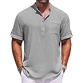 COOFANDY Henley Shirts for Men Short Sleeve Band Collar Casual Shirt Summer Hippie Vacation Beach T Shirts with Pocket