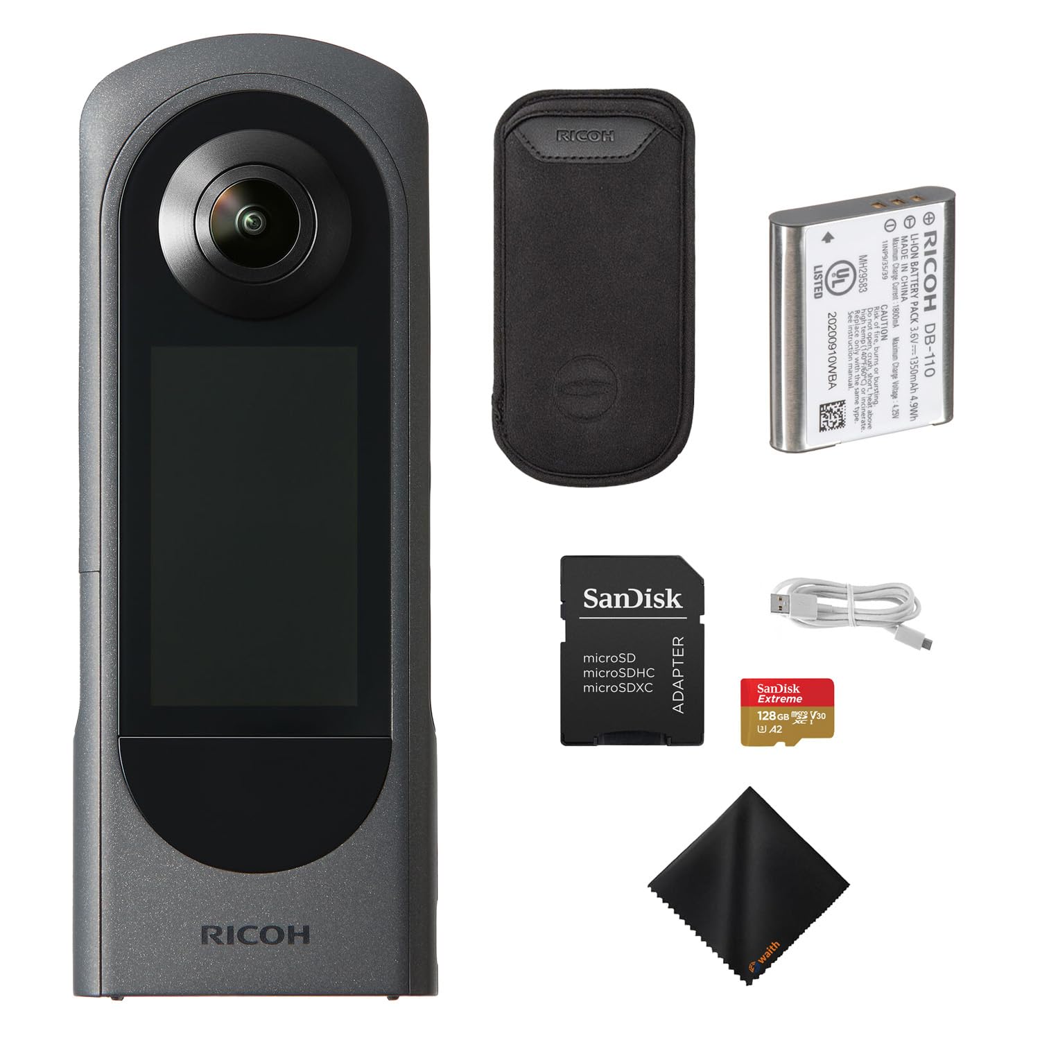 Ricoh Theta X 360° Camera – 5.7K Video & Dual 48MP Sensor for Immersive Content Creation with 128GB Extreme UHS-I microSDXC Memory Card and SD Adapter, Waith Cleaning Cloth Bundle Set