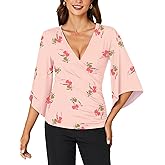 KIFOVEN Women’s 3/4 Bell Sleeve Tee Shirt Deep V Neck Wrap Ruched Slim Fit T Shirt Blouse Top Pink Flower XX-Large