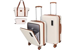 WireHot 2 Piece Luggage Sets with Spinner Wheels Front Open Pocket, ABS+PC Suitcase with TSA Lock & YKK Zipper, Carry On 20/24 inch Medium +Toiletry Bag+Handbag, Apricot Off White