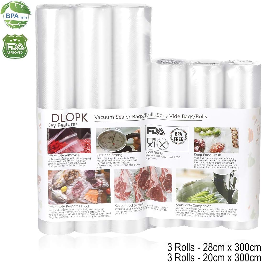 Bolsas de Vacío 6 Rollos 20x300cm y 28x300cm Bolsas Profesional para la Conservación,Sous Vide Cocina, Aprobación de la FDA y BPA Free