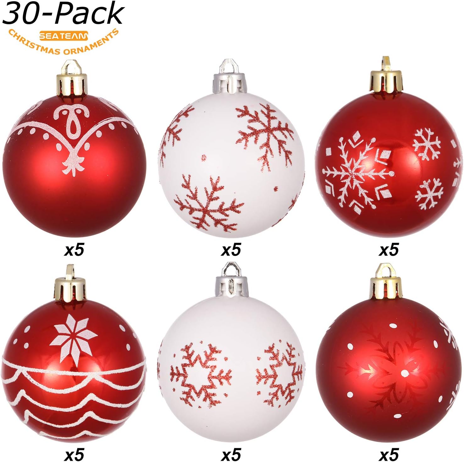 Sea Team Sparkly Coloured Painted Ornaments and Hanging Baubles Set for Christmas Tree Plastic, Red and White, 60 mm, 2.36 30 Pieces - Image 3