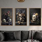 BICERE Large Vintage Skull Halloween Floral Framed Canvas Wall Art Set, Abstract Skeleton Butterfly Wall Decor,Moody Dark Rose Artwork for Living Room,Bedroom,Dining Room,Office -16