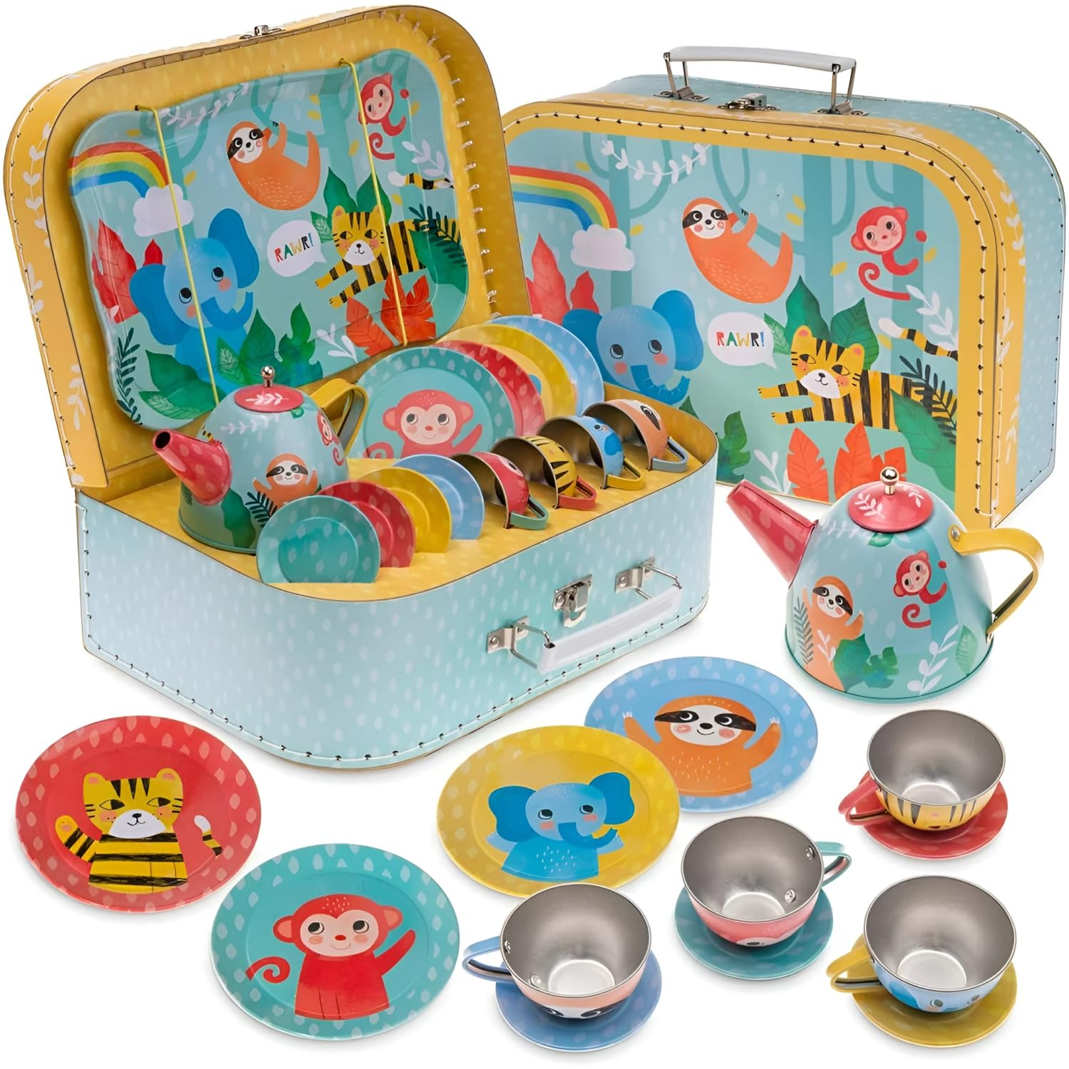 Vibrant Tin Tea Set for Kids with Jungle Animals - Jewelkeeper Pretend Play Teapot Set with Carrying Case - Durable Design - Complete 15-Piece Playset Including Serving Tray