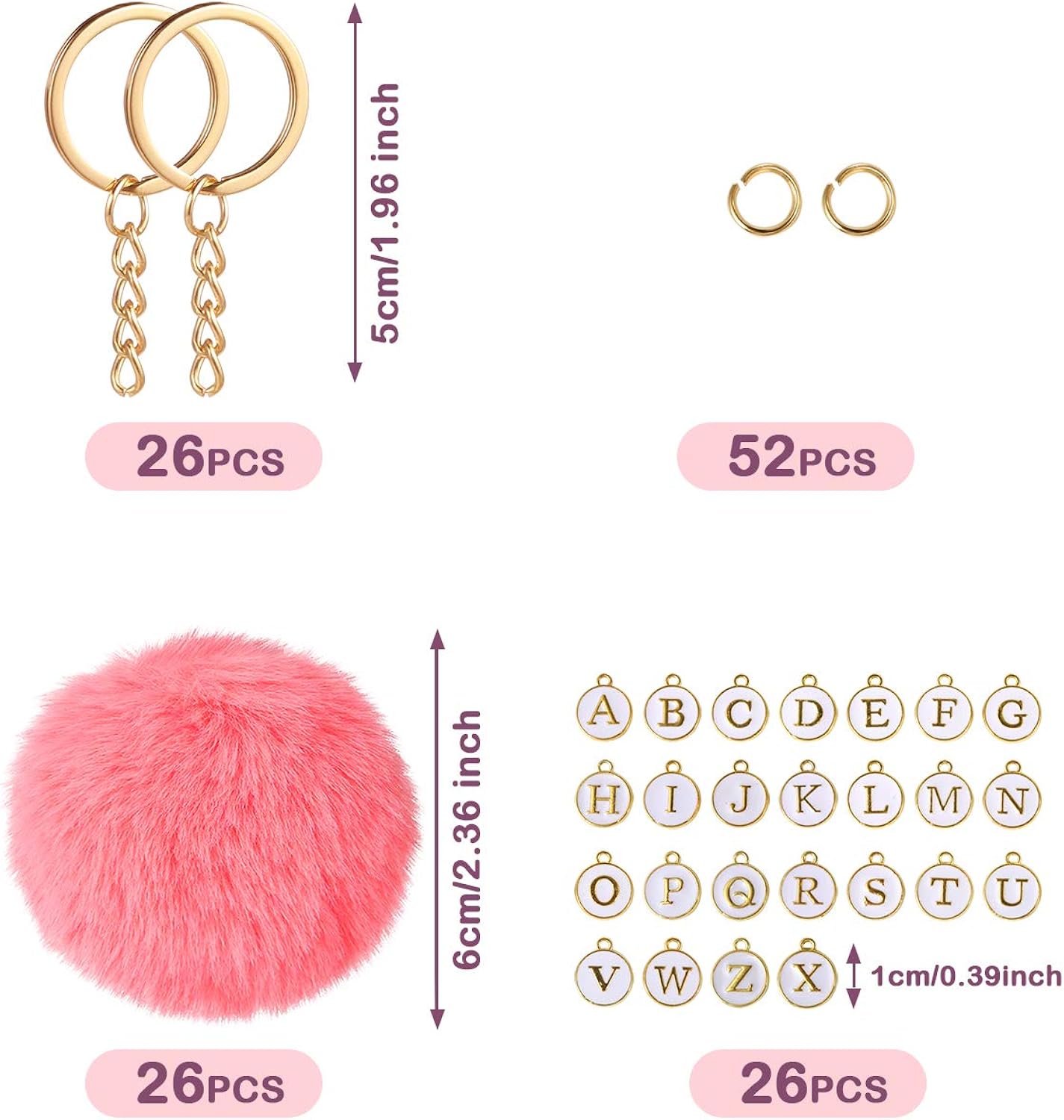 Auihiay 130 Pieces Pompoms Keychain Set Include 26 Faux Fur Pom Poms Balls, 26 Letter Beads and Keyrings for DIY Pom Poms Keychain Bag Charm Accessories at  Women’s Clothing store