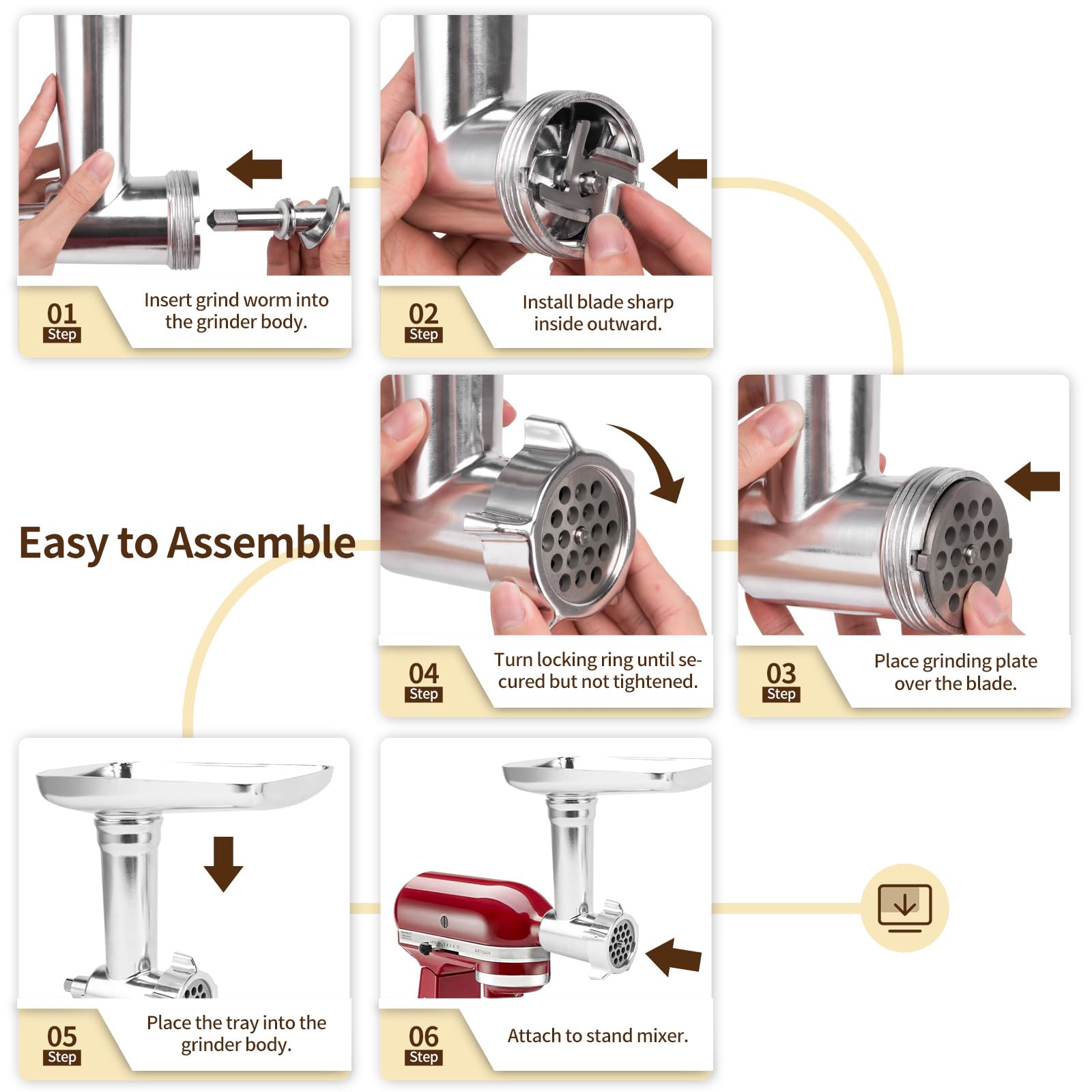 Meat Grinder Attachment for KitchenAid Stand Mixer,Metal food Meat grinder attachment, Perfect Mixer Attachment for KitchenAid Mixers,3 Sausage Stuffer Tubes, Silver