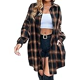 Blooming Jelly Women's Button Down Flannel Shirts Plaid Shacket Long Sleeve Collared Long Jacket Coats