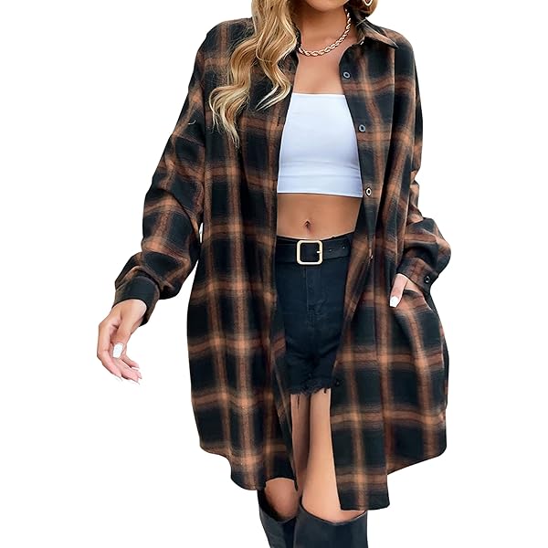 aihuajie Women's Plaid Dress Long Sleeve Button Down Casual Flannel Shirt  Dress Oversized Blouse Dresses (B1,S) at Amazon Women's Clothing store