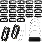 MUIIGOOD 25Pcs 32mm Hairpieces Snap Clips U Shape Wig Clips for Hair Extensions Making Wig Accessories Set Tools (Black)