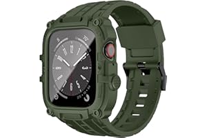 YALOCEA Compatible with Apple Watch Band 44mm with Case Built-in Screen Protector, Rugged Shockproof Strap Bumper Cover with Tempered Glass Screen Protector for iWatch Series 6/SE2/SE/5/4, Army Green