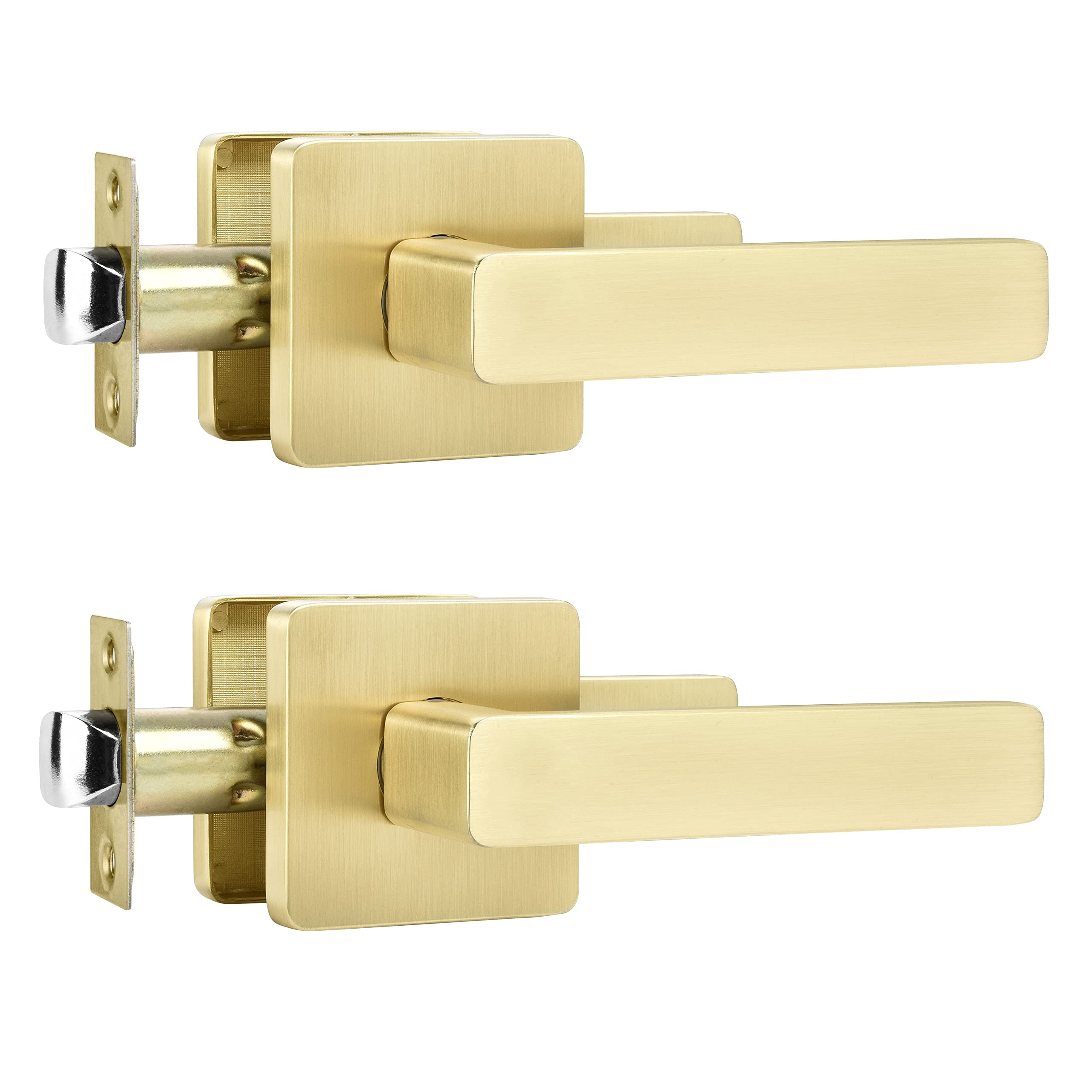 Leydebong Gold Door Handle – 2-Pack, Reversible Square Lever, Satin Brass Finish, Privacy Lock For Bedroom/Bathroom, Adjustable Latch 2-3/8 To 2-3/4