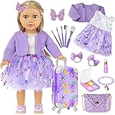 DONTNO American 18 Inch Doll Accessories with Travel Suitcase Makeup Play Set and Clothes,Shoulder Bag,Eye Shadow Plate,Butterfly Hairpin,Bracelet,Lipstick,Hair Tie,Eyelash Brush,No Doll and Shoes