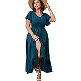 RWJ Women Plus Size Maxi Dress V Neck Short Sleeve Button Trim Split Flowy Tiered Casual Long Dresses 2025 L-3XL
