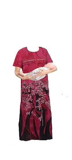 ABB-Feeding Nighties/Maternity Nighties/ 100% Pure Cotton/Size-XL/Color-Pink with Red Flower Designs