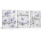 Amazing Grace Abstract Flowers and Butterfly Wall Art - Purple Canvas, Framed Artwork for Bathroom, Bedroom, Home Office Decoration
