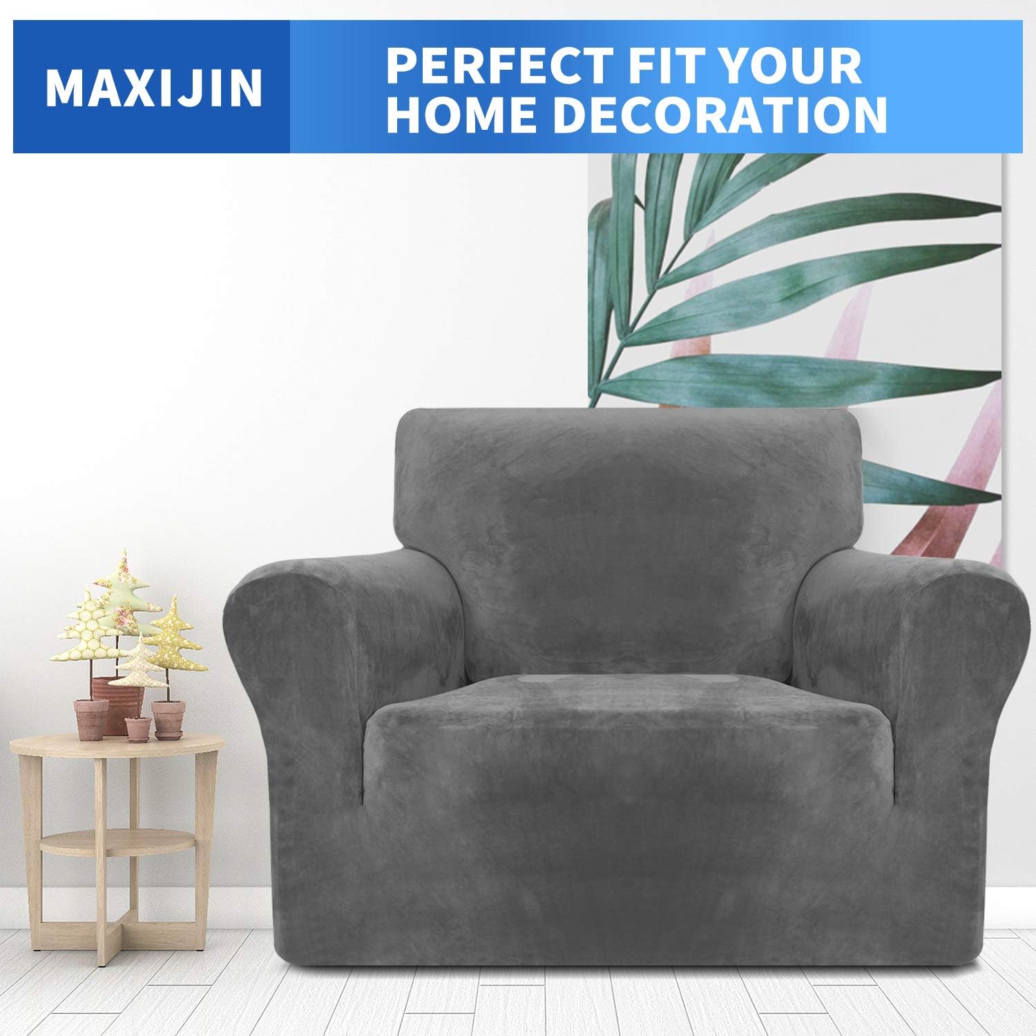 MAXIJIN Thick Velvet Chair Covers for Armchairs Super Stretch Non Slip Sofa Cover 1 Seater Dogs Cat Pet Living Room 1-Piece Elastic Couch Protector Chair Slipcover with Arms (1 Seater - Image 3