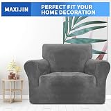 MAXIJIN Thick Velvet Chair Covers 1 Seater Grey Non Slip Elastic view 2