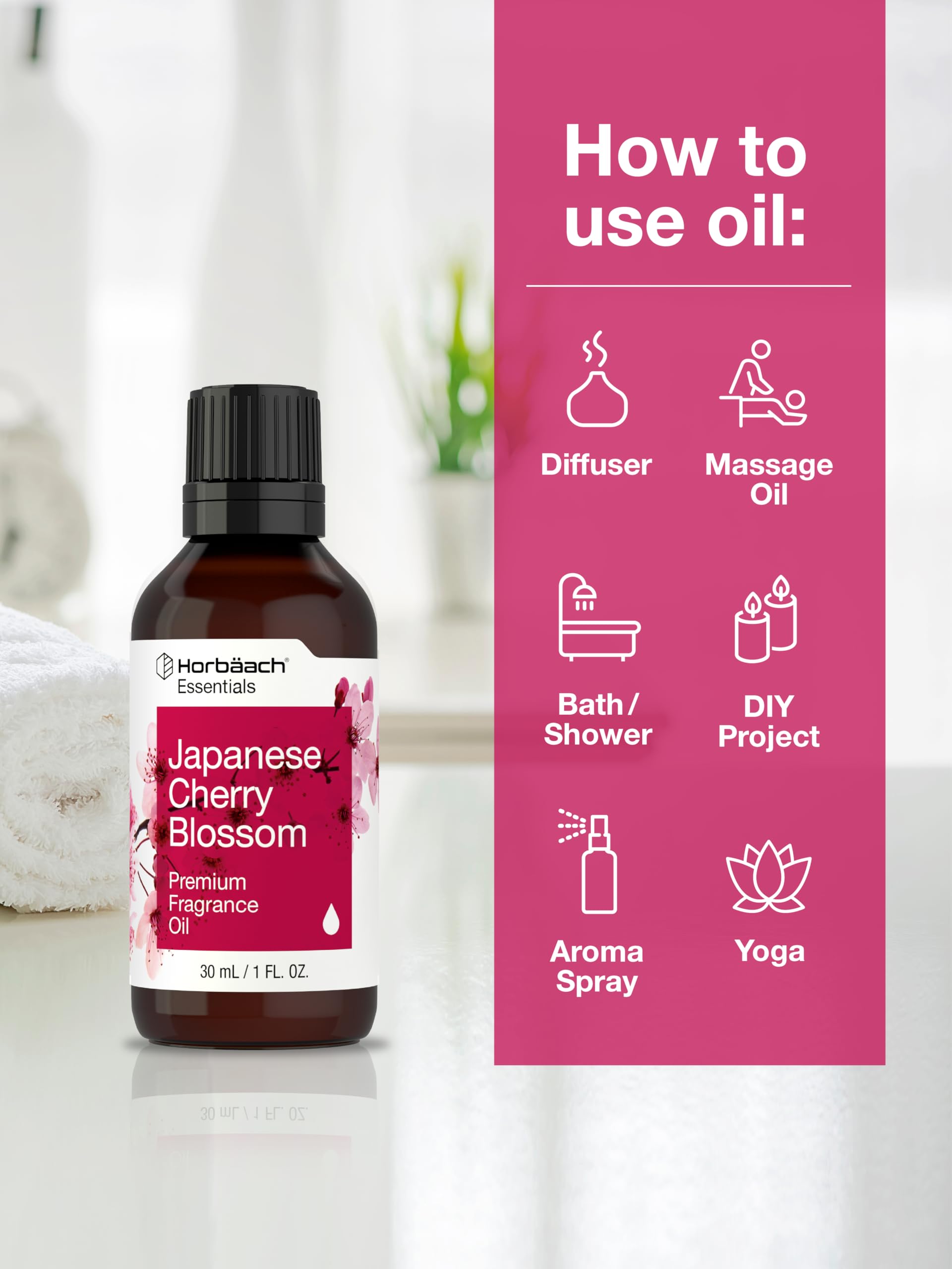 Horbäach Japanese Cherry Blossom Fragrance Oil | 1 fl oz (30ml) | Premium Grade | for Diffusers, Candle and Soap Making, Aroma Sprays, DIY Projects & More
