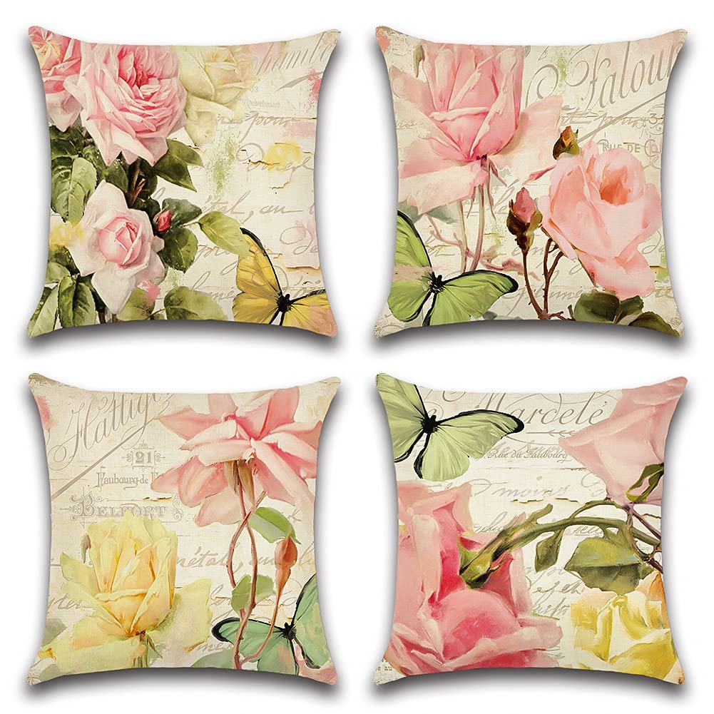 Artscope Set of 4 Waterproof Cushion Covers 45x45cm, Decorative Pink Roses Throw Pillow Covers, Perfect to Outdoor Patio Garden Bench Living Room Sofa Farmhouse Decor