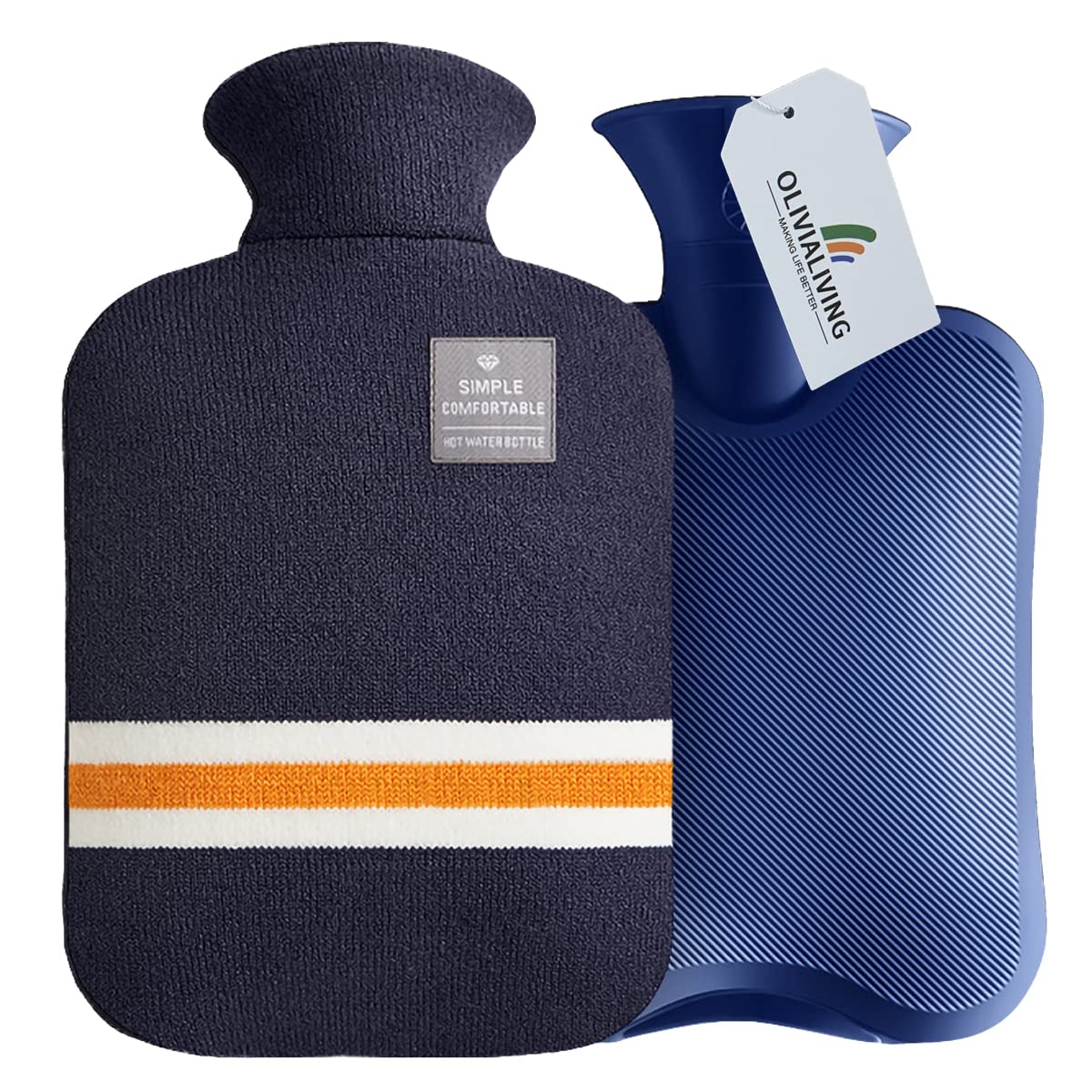 OliviaLiving Hot Water Bag Hot Water Bottle 2 Liter Heat Up and Refreezable Hot Cold Pack with Classic Striped Cover for Pain Relief Hot Cold Therapy