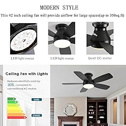 JSAITEE Ceiling Fans with Lights, 42 Inch Low