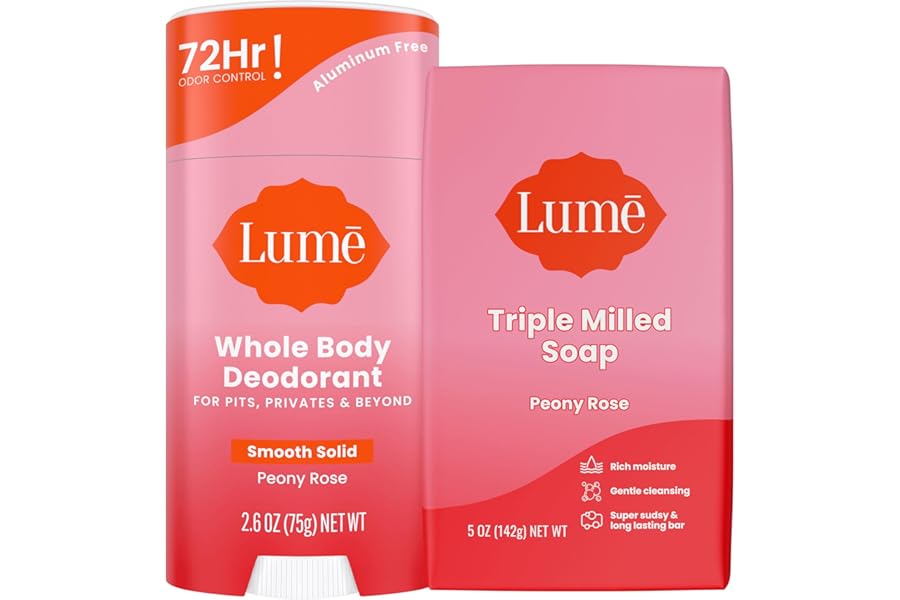Lume Whole Body Deodorant And Soap – 2.6 Ounce Smooth Solid Stick With 72 Hour Odor Control and 5 Ounce Triple Milled Soap – Aluminum Free, Baking Soda Free and Skin Loving (Peony Rose)