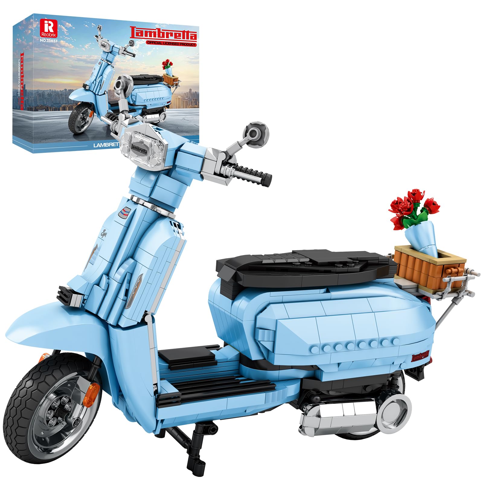 Reobrix V200 Motorbike Building Block Toy with Basket Bouquet Stand, 1:5 Scale Technical Motorcycle Brick Model Set, 11037 Collectible Vehicle Room Decor Gifts for Adult Teens (1169 PCS)