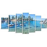 iKNOW FOTO 7-Piece Canvas Wall Art - Lake Tahoe Shoreline with Beautiful Blue Water - Stretched and Framed Nature Prints, Ready to Hang Modern California Landscape for Home Decor 70x32''