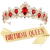 Aushamtai Red and Gold Birthday Queen Crown for Women Prom Queen Sash and Tiara Set Birthday Queen Sash and Crown Set for Women Red Rhinestone for Party Hair Accessories