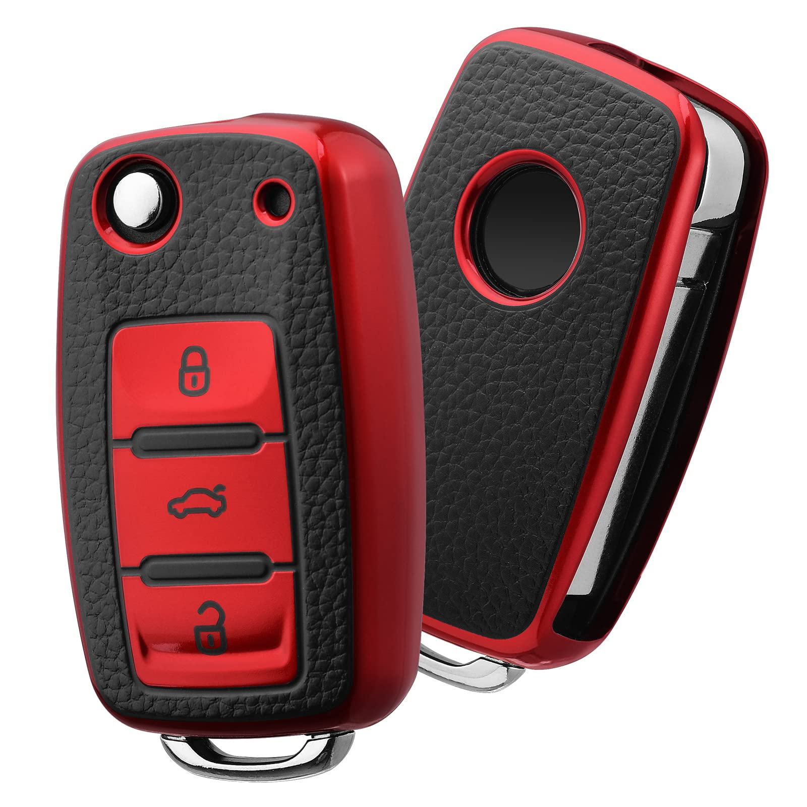 OATSBASF Car Key Cover for VW Golf, Polo, Passat; Skoda; Seat; 3 Buttons (Red-Leather)
