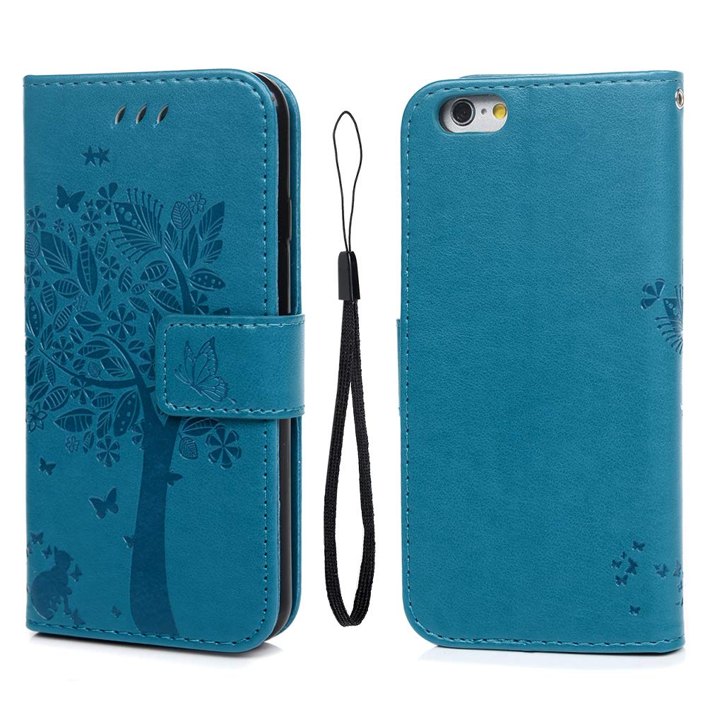 YOKIRIN iPhone 6 Case, iPhone 6S Case (4.7 inch), Wallet Case Soft PU Leather Notebook Tree Embossed Design Case with Kickstand Function Card Holder and ID Slot Slim Flip Protective Skin Cover Blue
