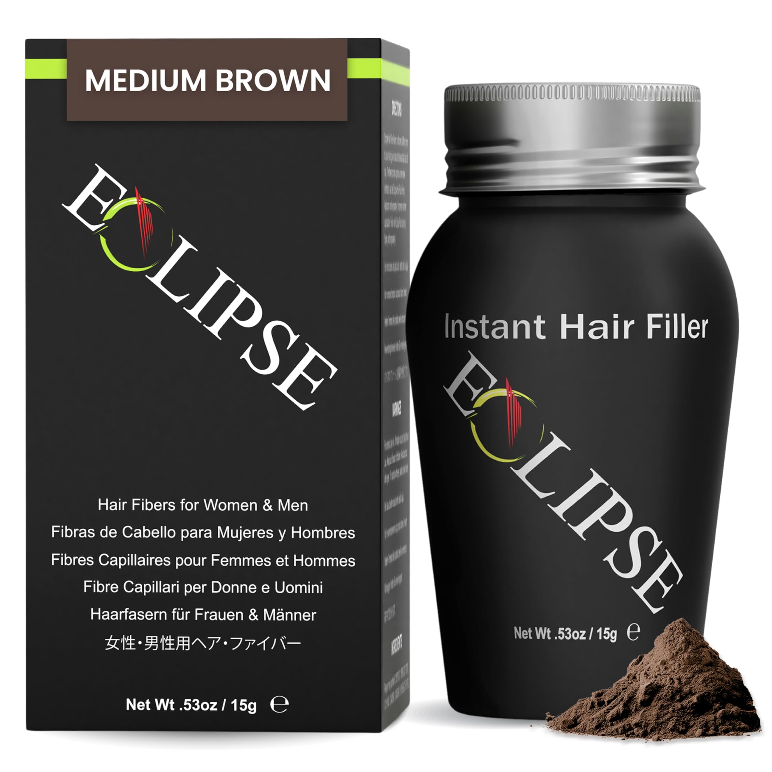 ECLIPSE Hair Fibres, Medium Brown, Natural Look Hair Building Fibres for Thinning Hair for Women & Men, Conceals Visible Hair Loss, 15g