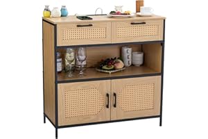 LIDYUK Sideboard Cabinet with Charging Station, Kitchen Storage Cabinet with Rattan Decorated Doors, Cupboard Console Table Sideboard Cabinet for Dining Room Hallway, Natural