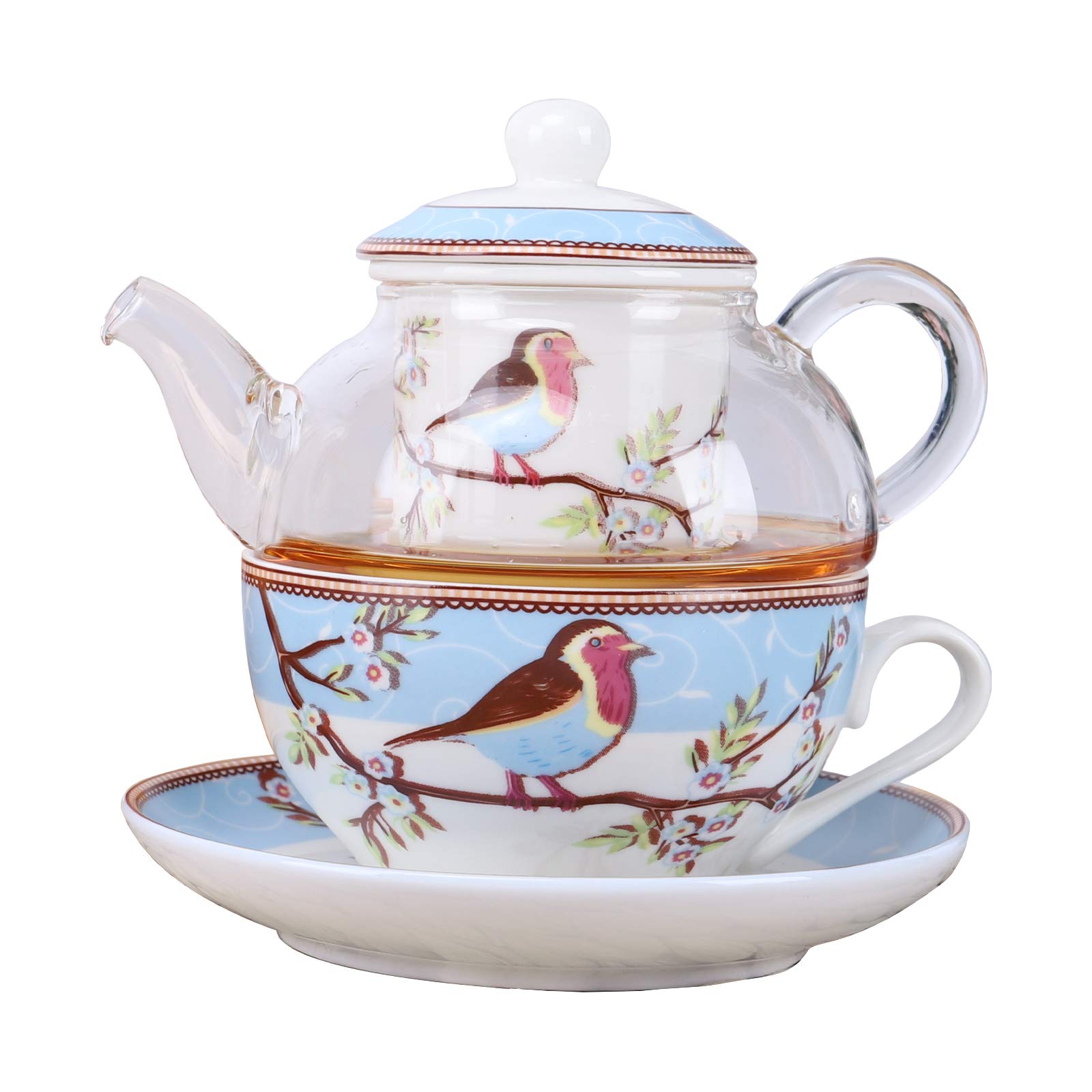 fanquare Pink Robin Birds and Flowers Tea for One Set, Ceramic Tea Cup and Saucer Set with Glass Teapot, Blue