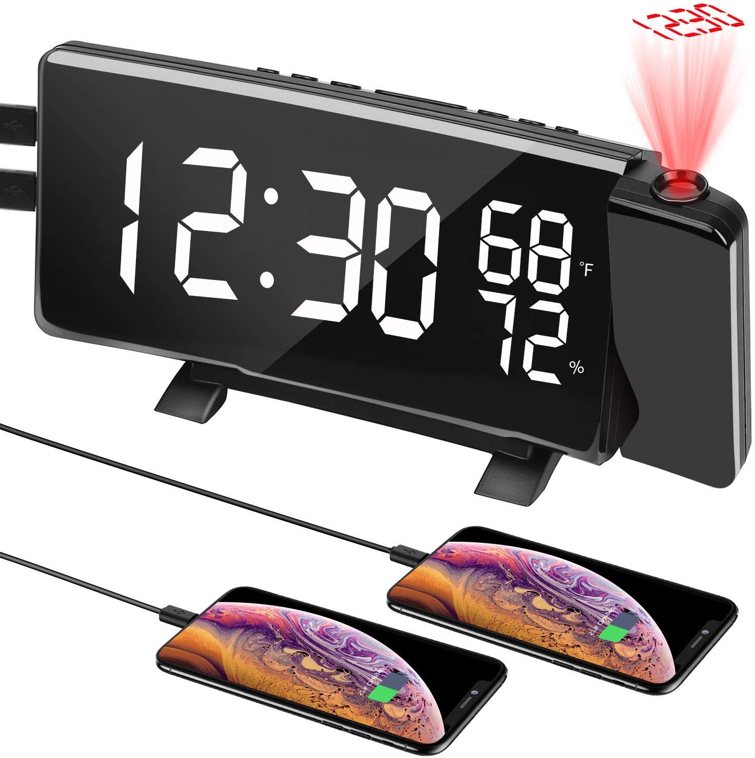 PEMOTech Projection Alarm Clocks for Bedrooms,【Temperature & Humidity