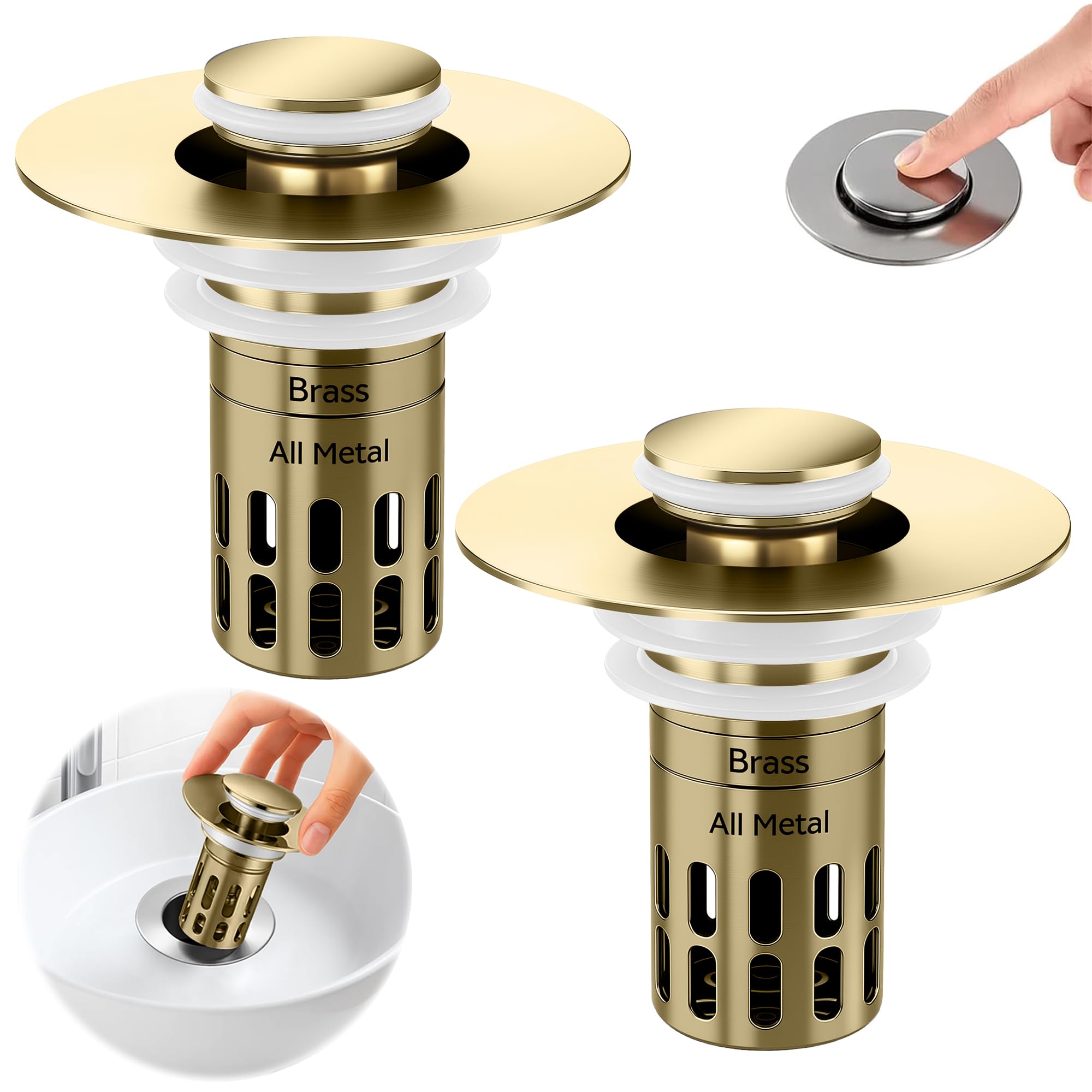 View 1 of (All Metal) Bathroom Sink Stopper,Pop Up Drain for Bathroom Sink,Sink Stopper Hair Catcher,Silent Popper Core w/Removable Stainless Steel Filter Basket,Sink Drain Plug Fit for 1.05~2.0''Basin