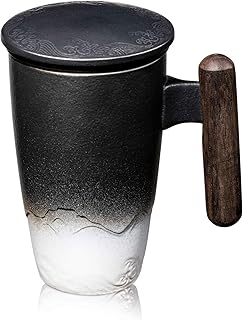 SULIVES Teetasse mit Deckel und Sieb, Tee tassen Porzellan für Losen Tee Oder Beutel, Früchtetee,Die Glatte Innenwand ist leicht zu reinigen,400ml,Schwarz