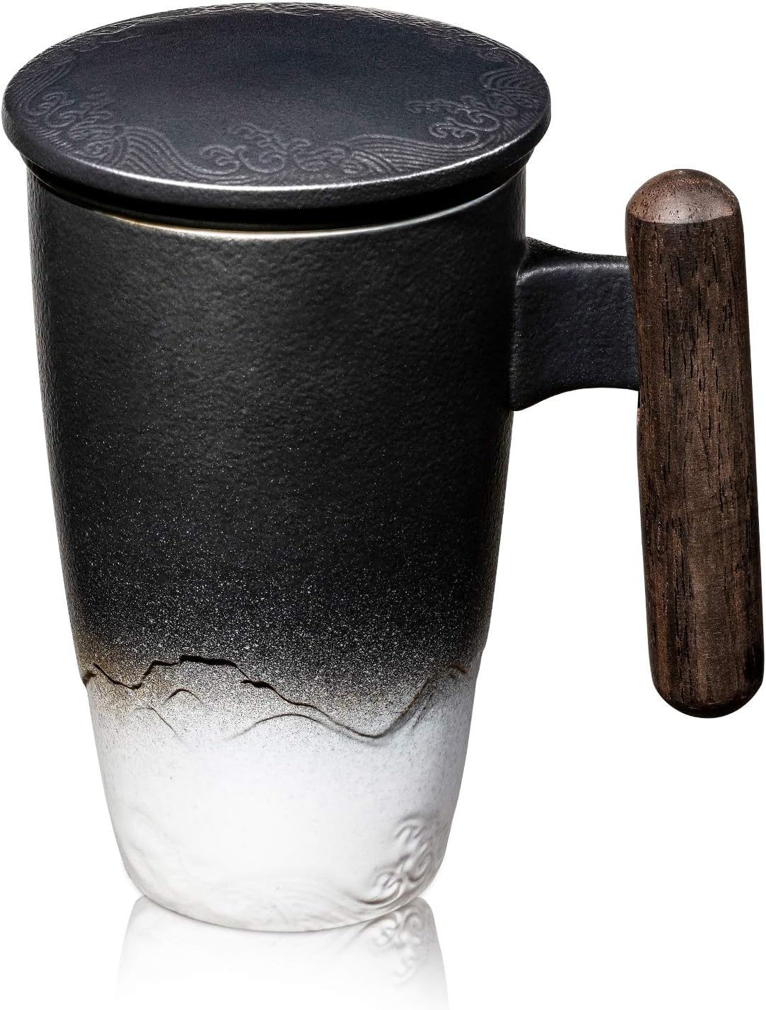 SULIVES Teetasse mit Deckel und Sieb, Tee tassen Porzellan für Losen Tee Oder Beutel, Früchtetee,Die Glatte Innenwand ist leicht zu reinigen,400ml,Schwarz