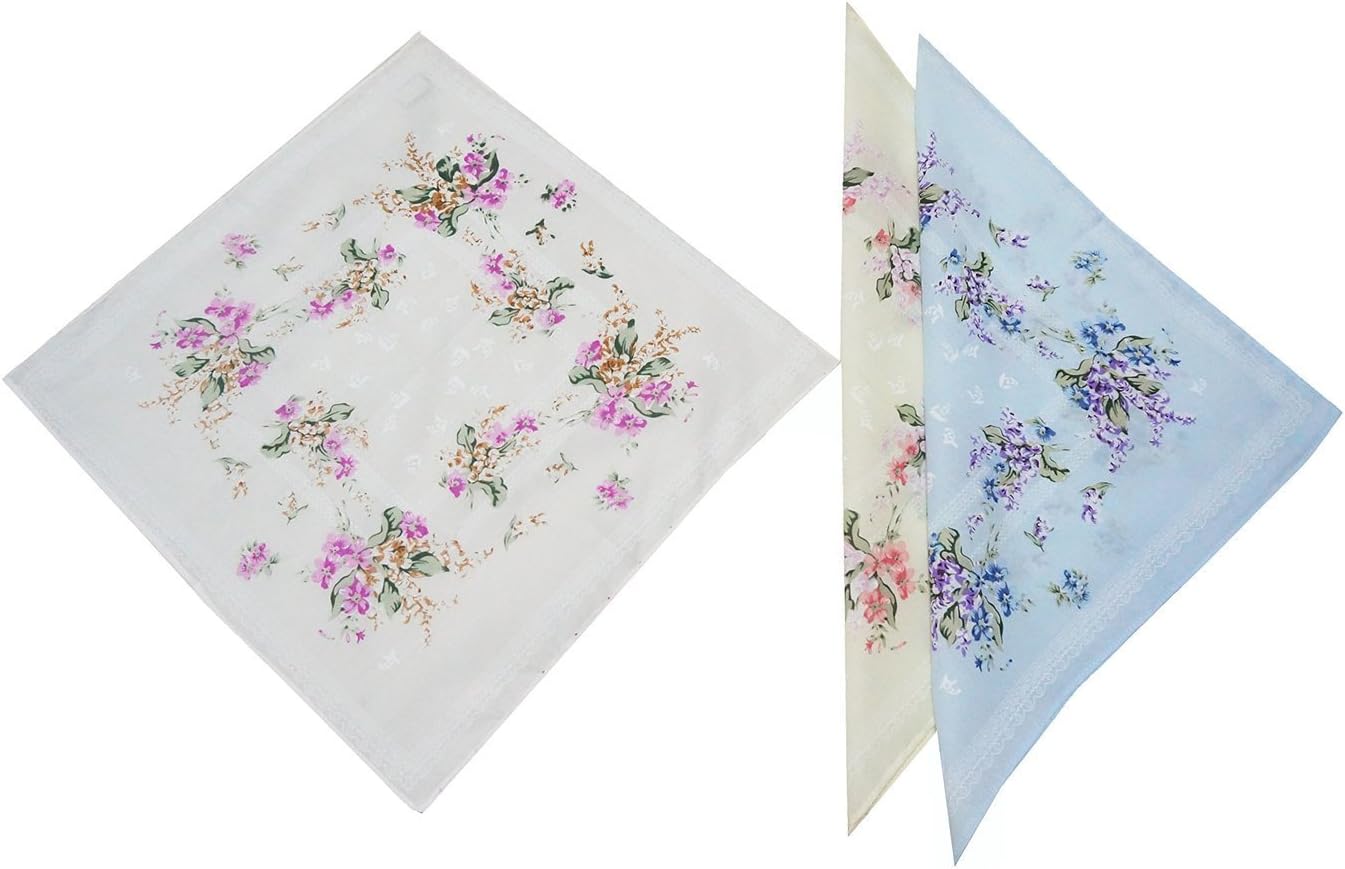 Womens Floral Print Vintage Ladies' Handkerchiefs Set 100% Premium 60s Cotton 17"(43cm) Square Hankies