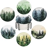 Drink Coasters for Drinks Set of 6, Watercolor Landscape Pine Forest Absorbent Round Ceramic Stone Mat Coaster, with Cork Base and Metal Holder, Home Bar Decor House Warming Gift
