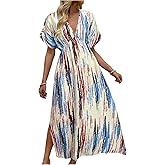 SHENHE Women's Summer V Neck Short Sleeve Bat Wing Dress Flowy Empire Waist Maxi Slit Dress