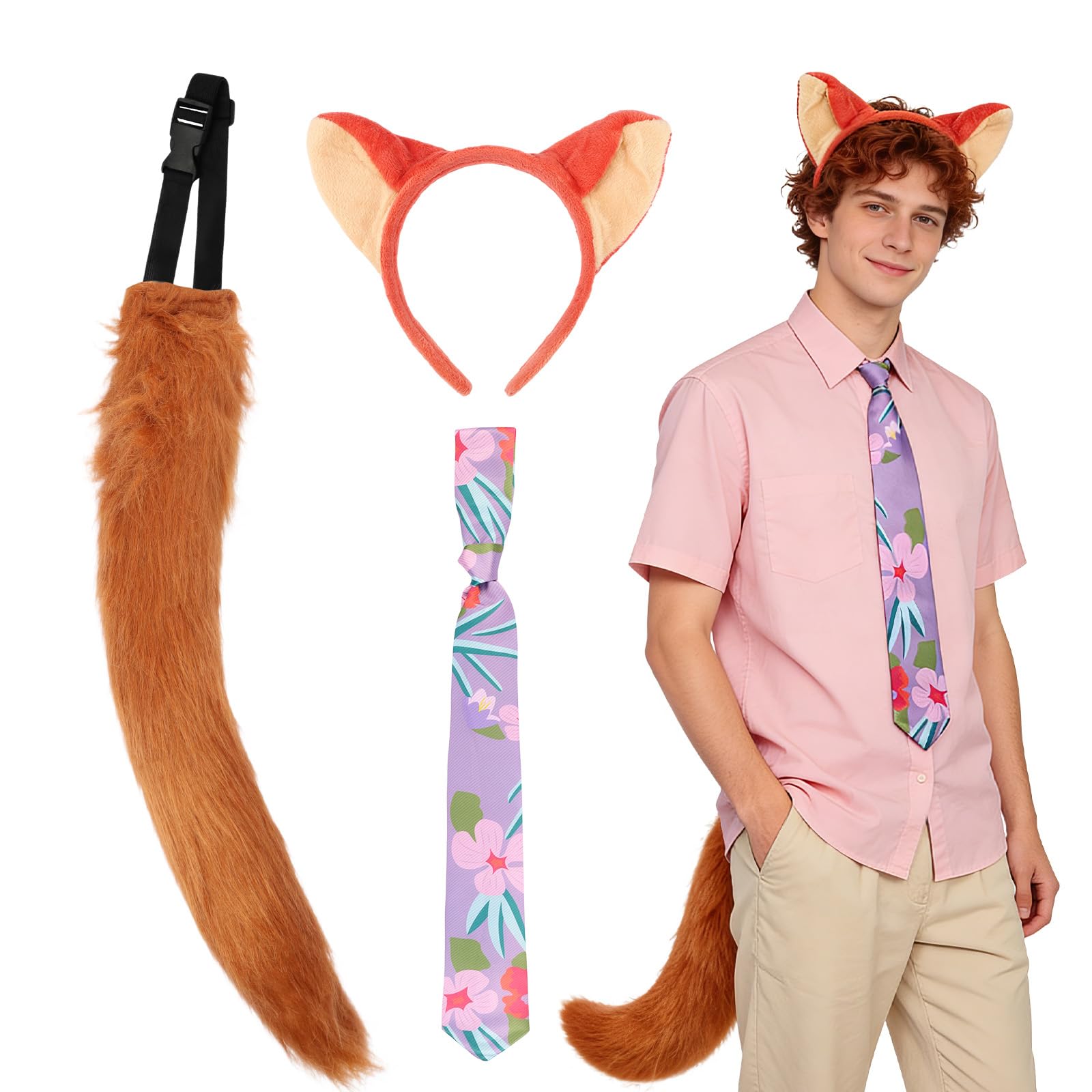 Dazzroi 3Pcs Fox Costume Accessories Set, Fox Pretend Play Set with Furry Ears Headband Tail Flower Tie, Animal Themed Fancy Dress Kit for World Book Day Carnival Cosplay Party Masquerade