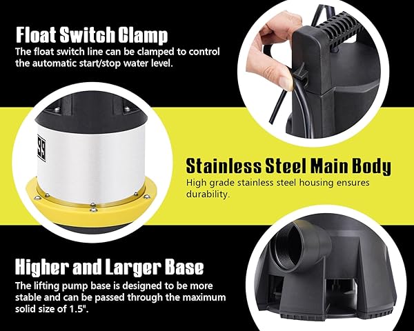 6699 SUMP PUMP SUBMERSIBLE 7000GPH STAINLESS STEEL WATER PUMP FOR POOL DRAINING 1.5HP UTILITY PUMP WITH ADJUSTABLE FLOAT SWITCH 16FT POWER CORD FOR FLOODED HOUSE SUMP PIT POND REMOVE WATER